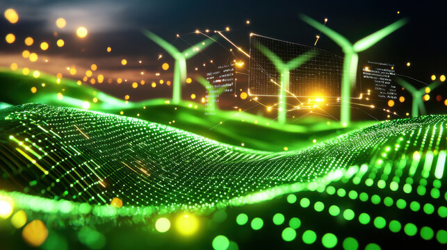High resolution image of wind turbines green landscape, showcasing renewable energy technology with glowing data visualizations and futuristic atmosphere. scene captures essence of sustainability