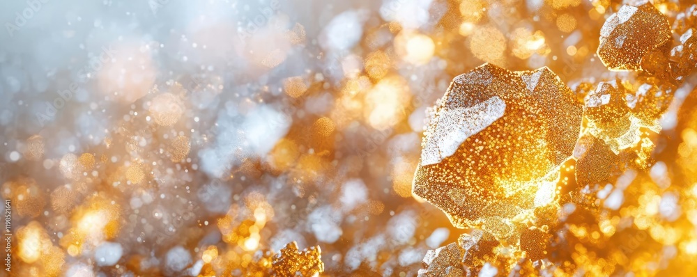 Poster Dust pollution idea. Macro view of shimmering water droplets reflecting light and creating a golden atmosphere.