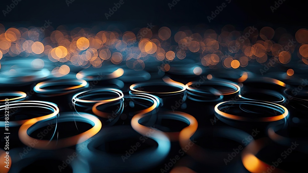 Aufkleber Dust pollution concept. Abstract close-up view of interconnected rings with glowing lights creating a captivating scene.