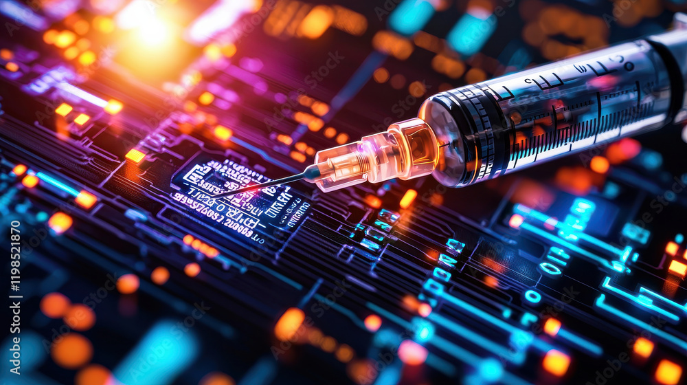 Aufkleber high resolution close up of glowing syringe injecting into circuit board, symbolizing technology and