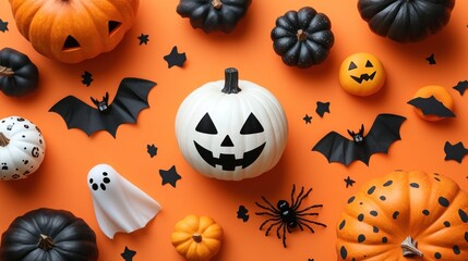 A vibrant Halloween scene featuring various carved pumpkins, bats, and spooky decorations on an orange background