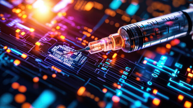 high resolution close up of glowing syringe injecting into circuit board, symbolizing technology and medicine. vibrant colors create futuristic atmosphere