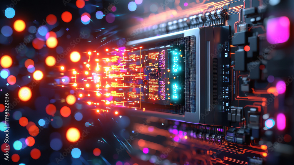 Poster High resolution close up of futuristic circuit board with glowing components, showcasing vibrant colors and intricate details. image captures essence of advanced technology and innovation