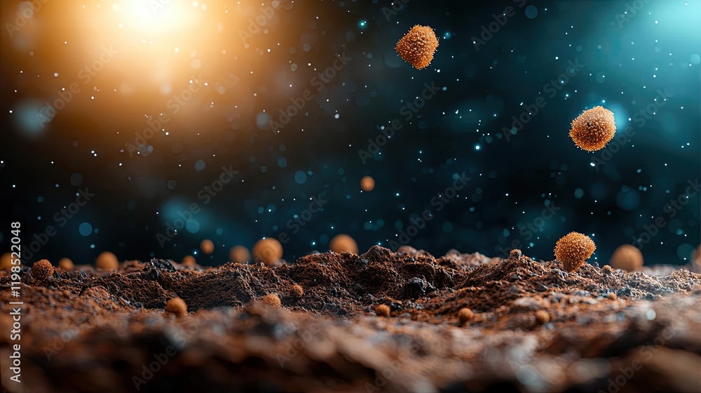 Poster Dust pollution concept. Microscopic view of particles in a cosmic environment with vibrant colors.