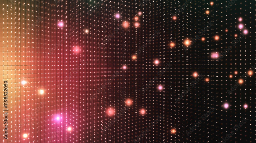 Poster abstract 3d grid of glowing lights with gradient color, festive background.