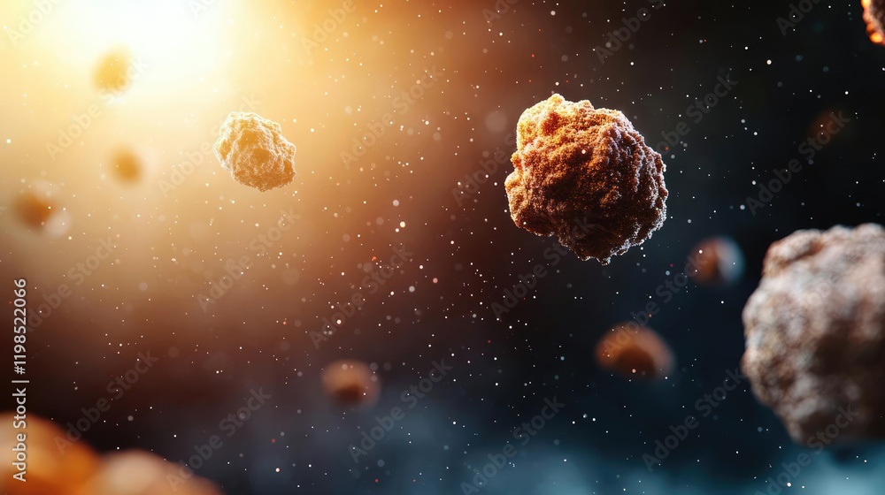 Poster Dust pollution concept. A stunning view of asteroids floating in space illuminated by distant stars.