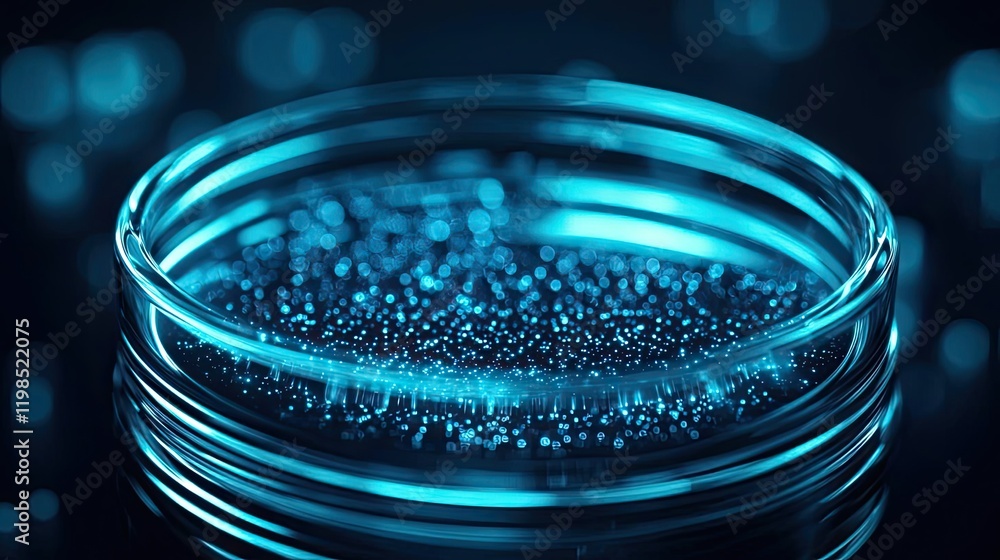 Poster dust pollution concept. a close-up of a glass container filled with shimmering blue liquid and bubbl