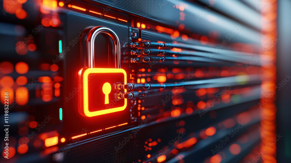 Poster high resolution depiction of cloud server with glowing padlock symbol, representing data security and protection in digital environment