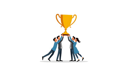 Illustration, Team achievement, teamwork business team people celebrate help carry big winner gold trophy, teamwork to achieve business goals.
