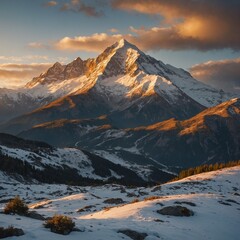 A majestic mountain range at sunrise, with golden light reflecting on snowy peaks.