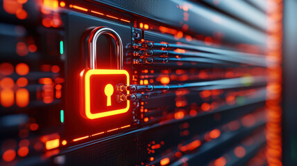 high resolution depiction of cloud server with glowing padlock symbol, representing data security and protection in digital environment
