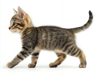 A charming tabby kitten gracefully walks across a clean white background.