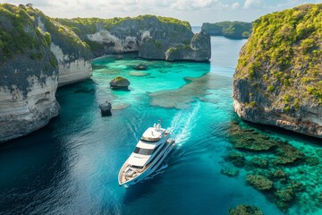 Luxury yacht cruising through a tropical archipelago with vibrant turquoise waters and dramatic limestone cliffs.