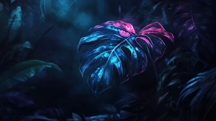 Fototapeta premium Glowing neon pink and blue monstera leaf in dark tropical jungle foliage.