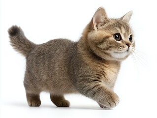 A charming British Shorthair kitten strolls across a white background. The cat is incredibly cute and fluffy.