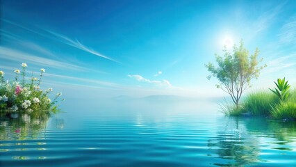 Serene Waterscape Tranquil Lake Reflecting a Sunny Sky, Lush Greenery, and Blooming Wildflowers