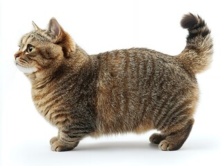 A cute munchkin cat with short legs standing on a white background.