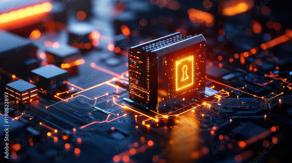 Leinwandbilder high resolution depiction of computer chip with glowing lock symbol, representing cybersecurity and 