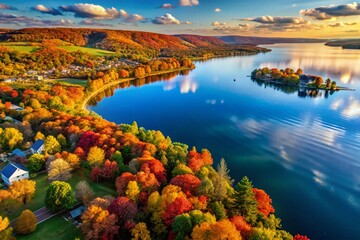 Obraz premium Canandaigua Lake Autumn Drone Photography: Breathtaking Aerial View of Fall Foliage Reflected in Still Waters