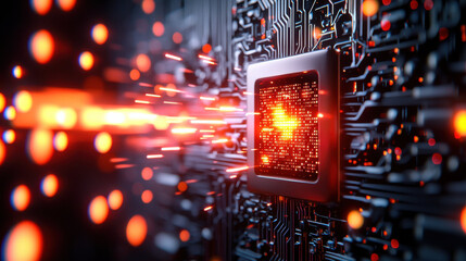 High resolution depiction of computer chip with glowing circuits and data flow, showcasing technology and innovation in digital environment