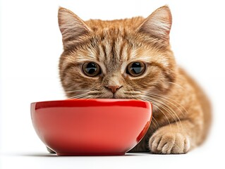 A cute ginger cat looks at a red food bowl.  Adorable pet image.