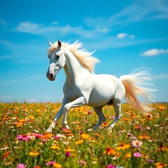 Obraz premium White Horse Grazing In Green Meadow and Colorful Flower 