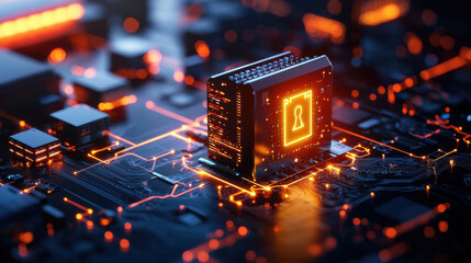 high resolution depiction of computer chip with glowing lock symbol, representing cybersecurity and digital protection. intricate circuit board design highlights technology and innovation