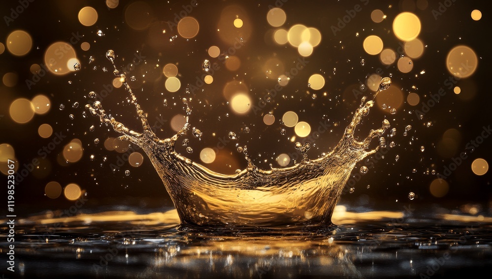 Poster golden liquid splash with bokeh background.