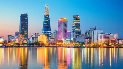 Obraz premium A striking nighttime cityscape featuring tall, illuminated skyscrapers reflecting on calm water for a romantic vibe. 