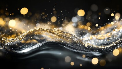 Abstract gold and silver wave with bokeh lights on black background.