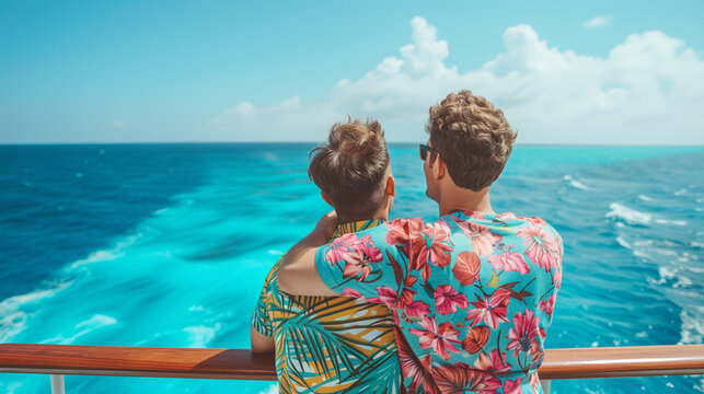 Romantic gay couple enjoying a cruise vacation, embracing while looking at the bright blue ocean under a sunny sky. Image made using Generative AI