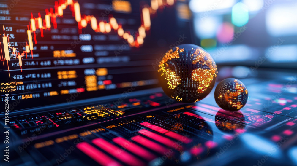 Poster digital representation of interconnected global markets with graphs and data visualizations. image f