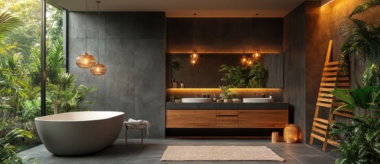 Modern and stylish bathroom with dark gray tiles and sleek fixtures