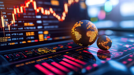 digital representation of interconnected global markets with graphs and data visualizations. image features two globe models highlighting economic trends and analytics