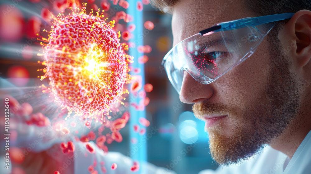 Poster biotechnologist examines virus model in laboratory, showcasing advanced research techniques. focus o
