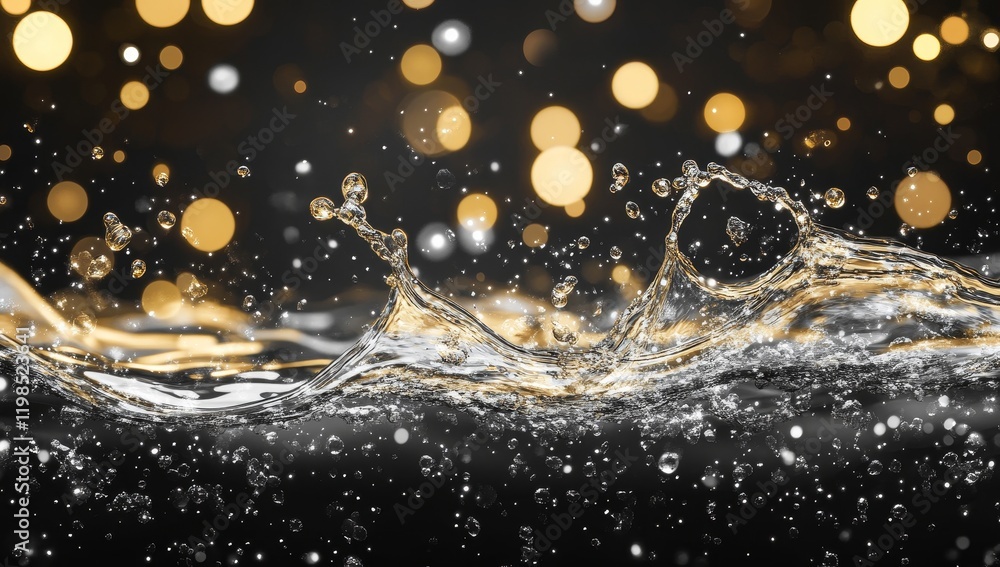 Poster sparkling water splash with bokeh lights.