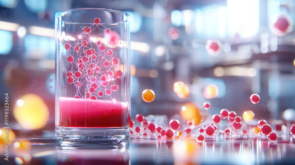 Leinwandbilder glass containing vibrant red liquid with floating molecular structures, symbolizing scientific resea