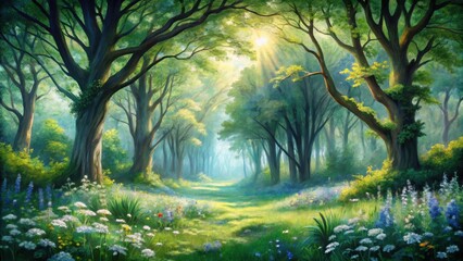 Sunlit Path Through a Mystical Forest of Ancient Trees and Blooming Wildflowers