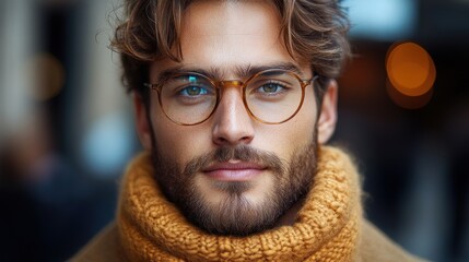 Close-up portrait of a young man with glasses and a stylish scarf, set against a softly blurred urban background