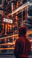 Fototapeta premium Person in Red Hoodie Contemplates Futuristic 2025 Industrial Scene