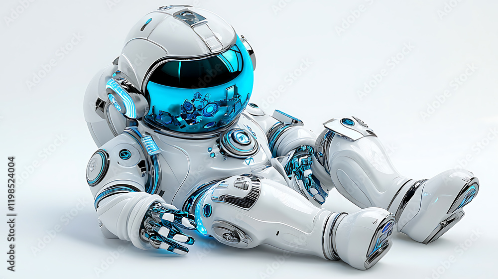 Poster futuristic robot astronaut relaxing in a minimalist studio digital art high-tech environment close-u