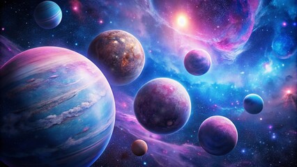 Fototapeta premium Celestial Dreamscape: Pink & Blue Planets in Cosmic Dance - Stock Photo