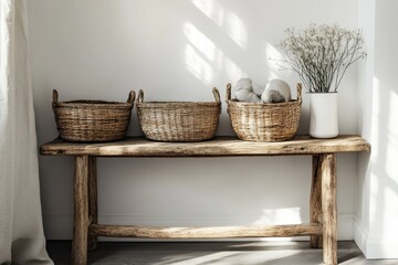 Minimalist interior design, wooden console table, rustic style neutral color palette
