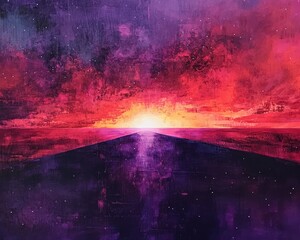 Abstract Sunset Seascape with Textured Brushstrokes and Starry Sky in Vibrant Colors.