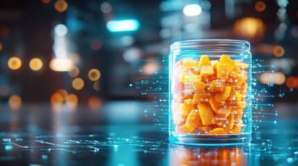 futuristic packaging design featuring transparent jar filled with vibrant orange gummies, illuminated by digital effects and blurred city background