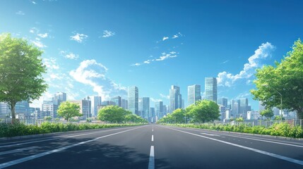 Modern city skyline viewed from an empty road lined with trees on a sunny day.