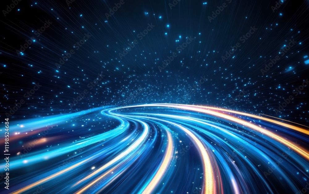 Poster abstract digital data stream with high-speed flowing lines and particles on a dark background.