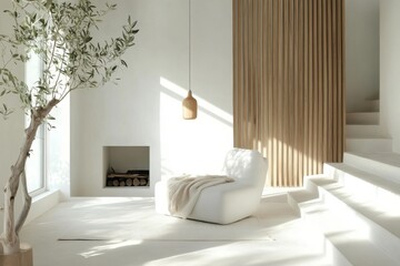 Minimalist interior modern living room white walls Scandinavian design cozy white armchair