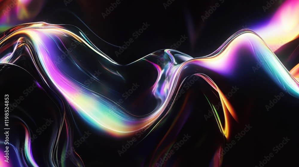 Aufkleber abstract 3d fluid wave with iridescent color flow on dark background.