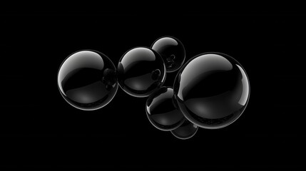 Group of Glossy Black Spheres Floating on a Black Background, Reflective Metallic 3D Render.